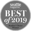 The image shows a circular badge for "Seattle Magazine Best of 2019," awarded by readers' choice.