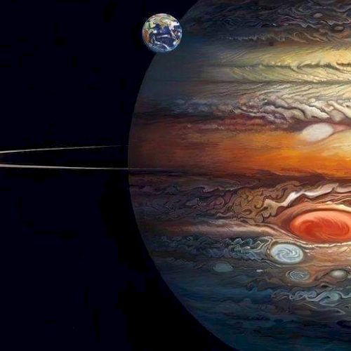 A digital illustration of Jupiter with its swirling gas clouds, the Great Red Spot, and a small planet or moon nearby.