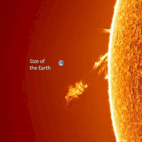 The image shows the Sun's surface with solar prominences, and a small Earth icon to illustrate the size comparison.